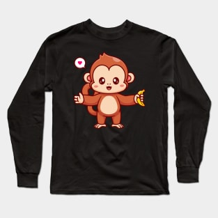 Cute Monkey Holding Banana Cartoon Long Sleeve T-Shirt